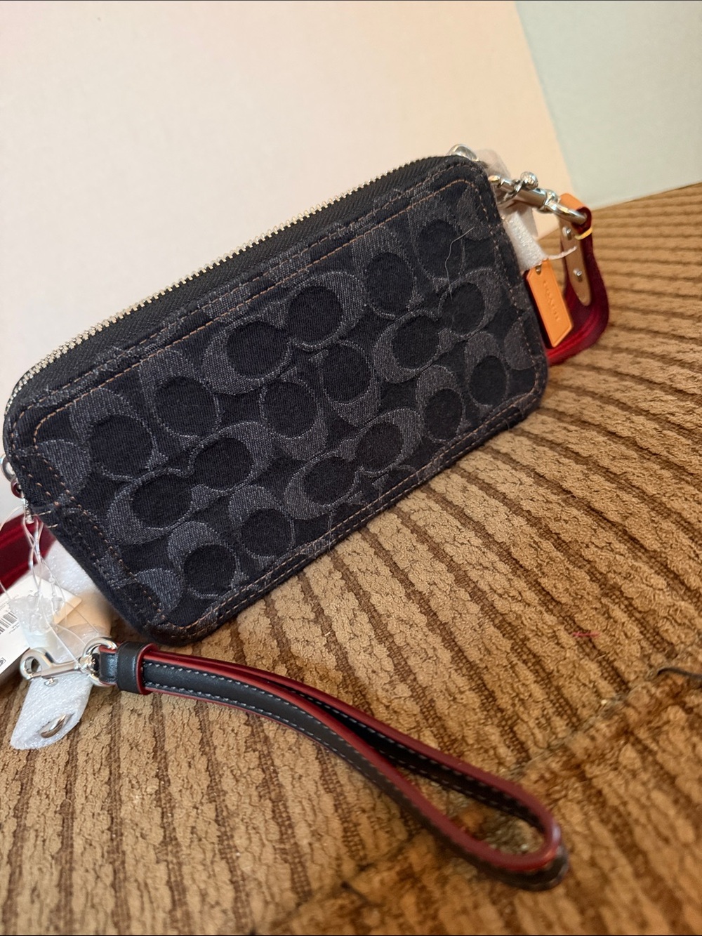 Coach Black Denim Signature Wristlet with Red-Trim Strap
